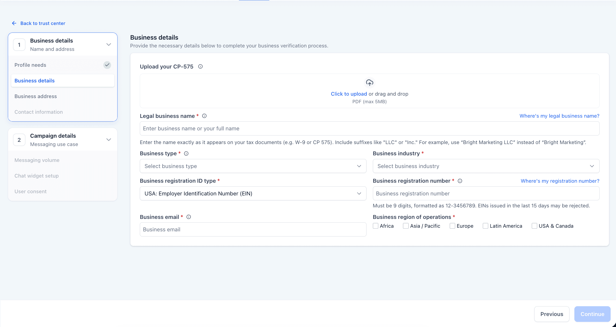 GoHighLevel Trust Center, Business details form.