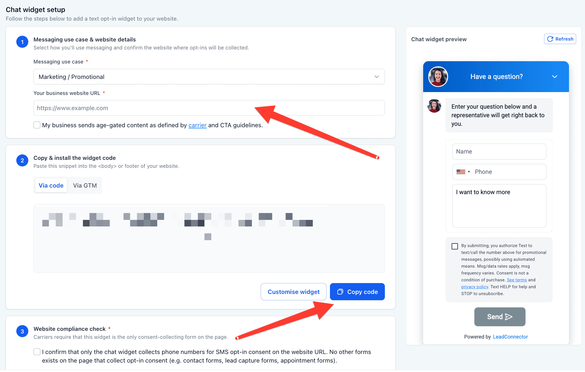 GoHighLevel Chat widget setup: the business website URL field and the Copy code button.
